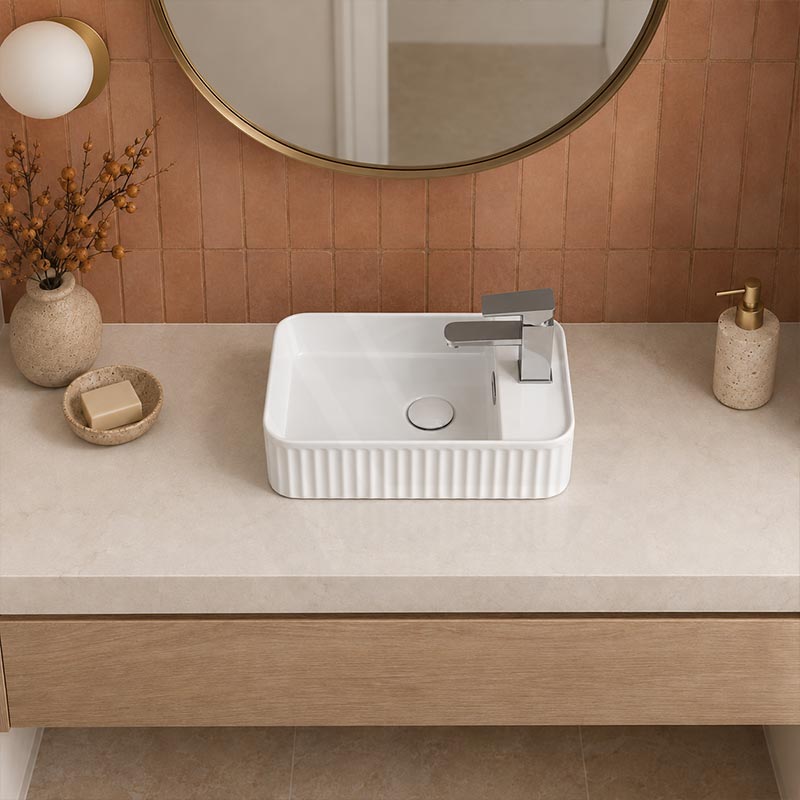 Fluted Rectangular Above Counter Basin Ceramic with Tap Hole 360x195x120mm - Gloss White