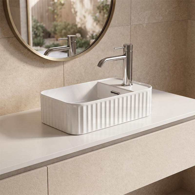 Fluted Rectangular Above Counter Basin Ceramic with Tap Hole 360x195x120mm - Gloss White