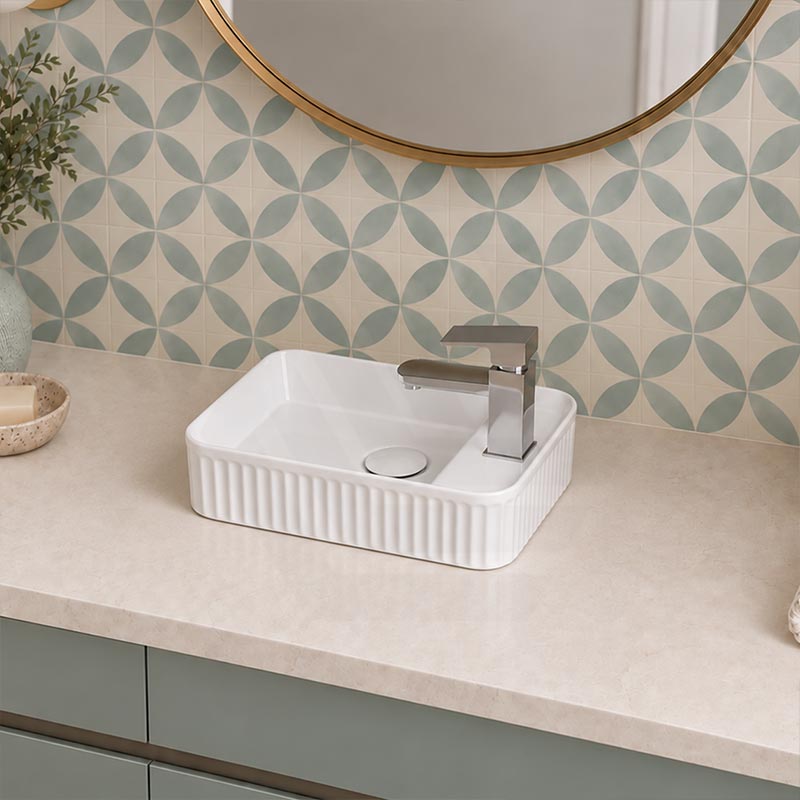 Fluted Rectangular Above Counter Basin Ceramic with Tap Hole 360x195x120mm - Gloss White