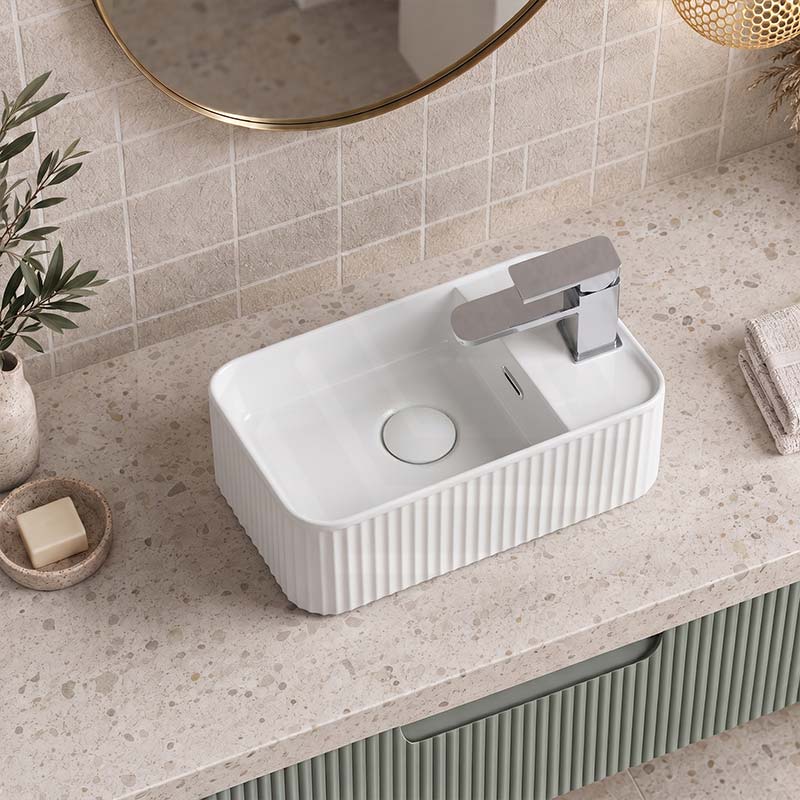 Fluted Rectangular Above Counter Basin Ceramic with Tap Hole 360x195x120mm - Gloss White