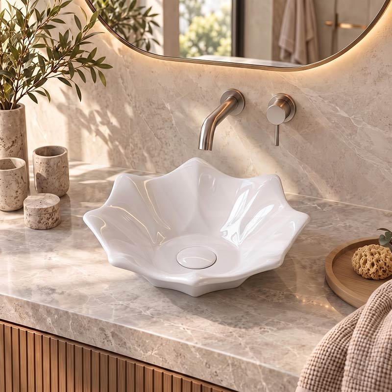 Flower Shape Above Counter Basin Ceramic 410x410x120mm - In Various Colour