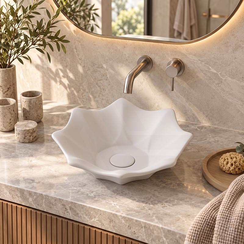 Flower Shape Above Counter Basin Ceramic 410x410x120mm - In Various Colour