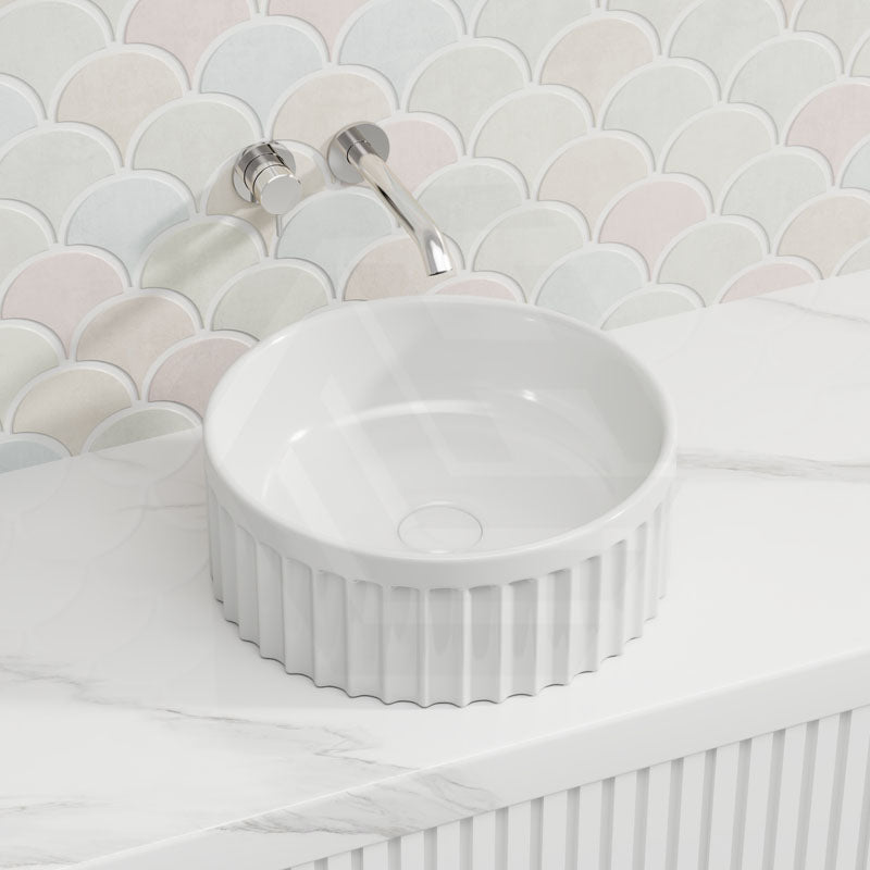 385x385x150mm Infinity Round Fluted Ceramic Above Counter Basin Gloss White