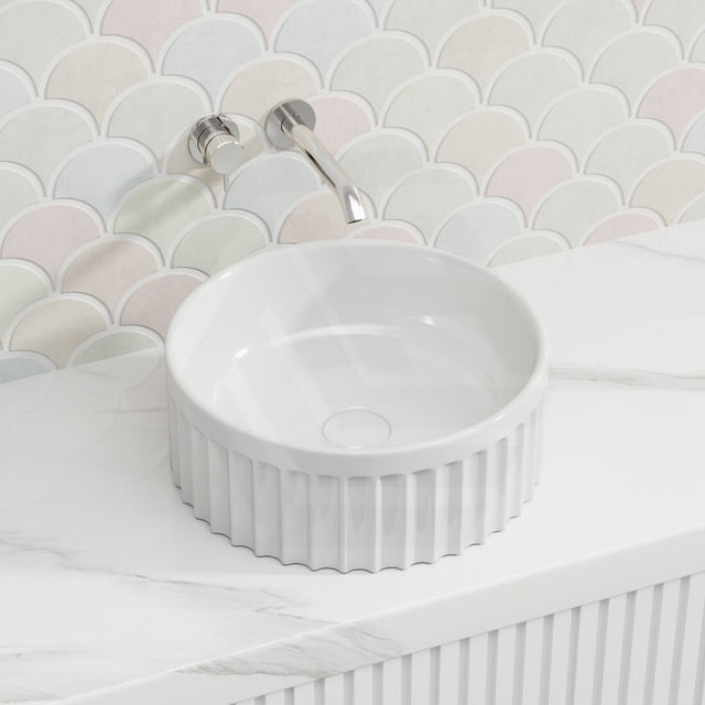 385x385x150mm Infinity Round Fluted Ceramic Above Counter Basin Gloss White