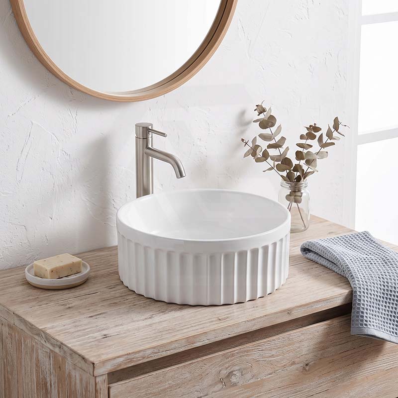 Infinity Round Fluted Ceramic Above Counter Basin 385x385x150mm - 3 Colours