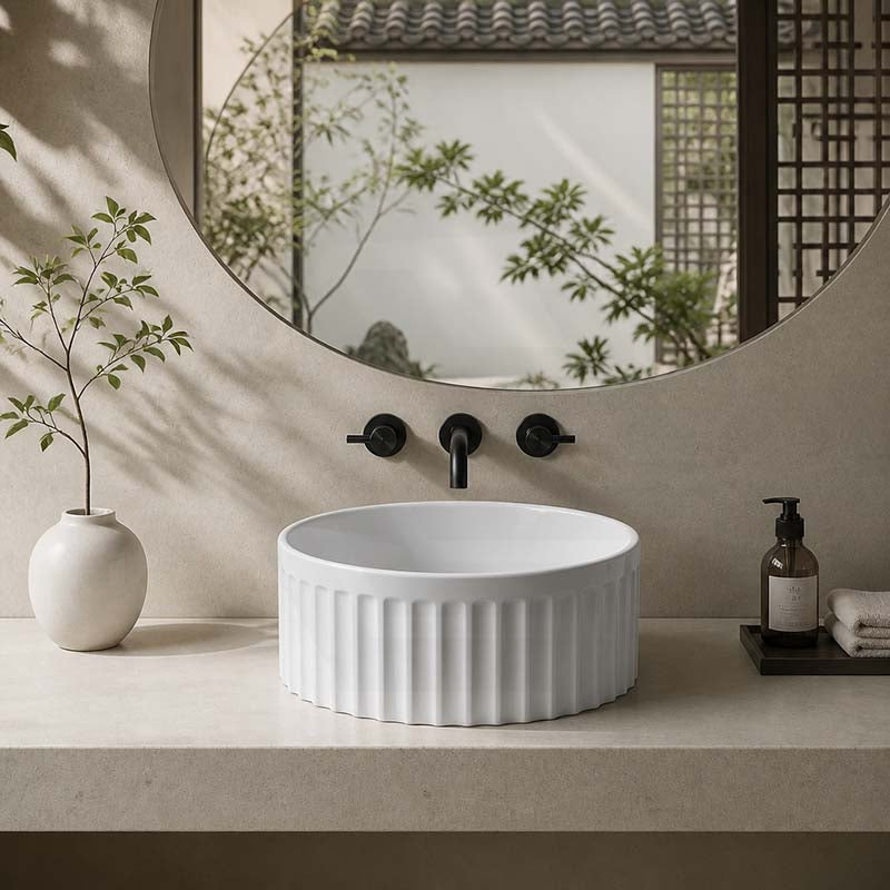 Infinity Round Fluted Ceramic Above Counter Basin 385x385x150mm - 3 Colours