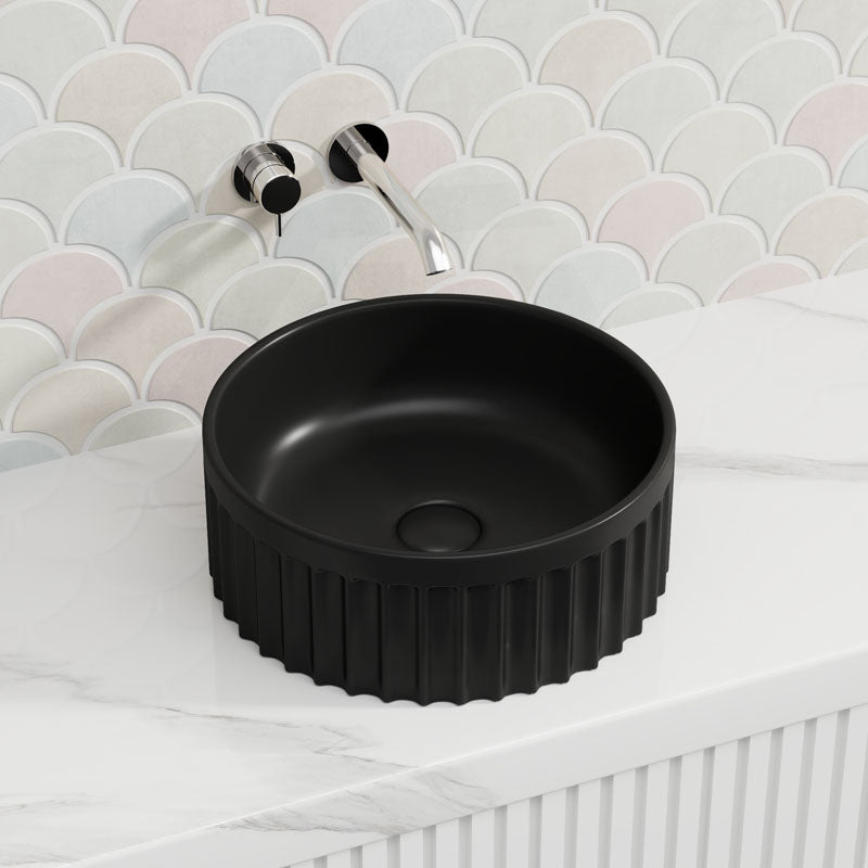 385x385x150mm Infinity Round Fluted Ceramic Above Counter Basin Matt Black