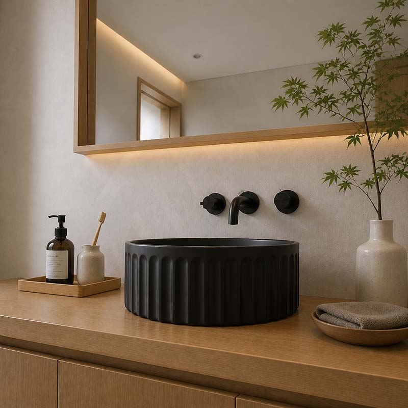 Infinity Round Fluted Ceramic Above Counter Basin 385x385x150mm - 3 Colours
