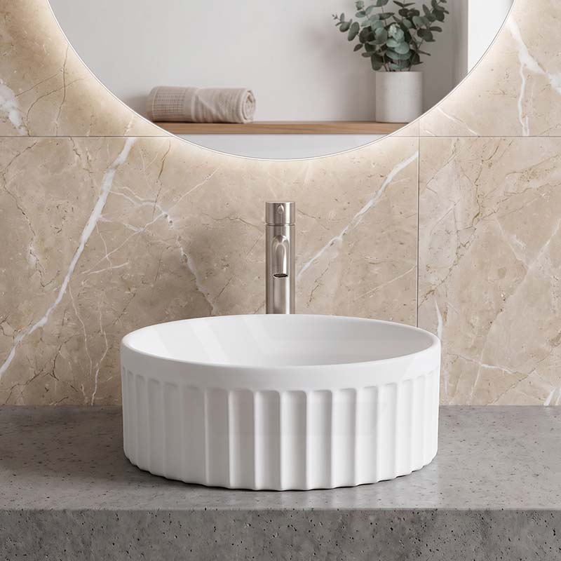 Infinity Round Fluted Ceramic Above Counter Basin 385x385x150mm - 3 Colours