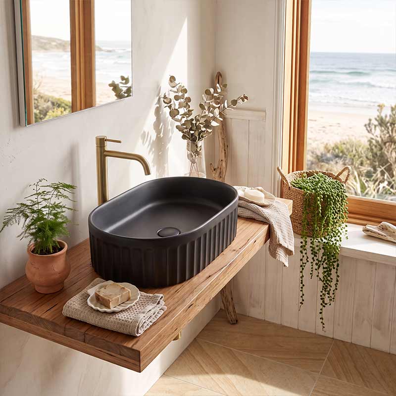 Infinity Oval Fluted Ceramic Above Counter Basin 555x355x150mm - Variant Colour