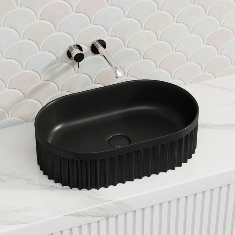 555x355x150mm Infinity Oval Fluted Ceramic Above Counter Basin Matt Black