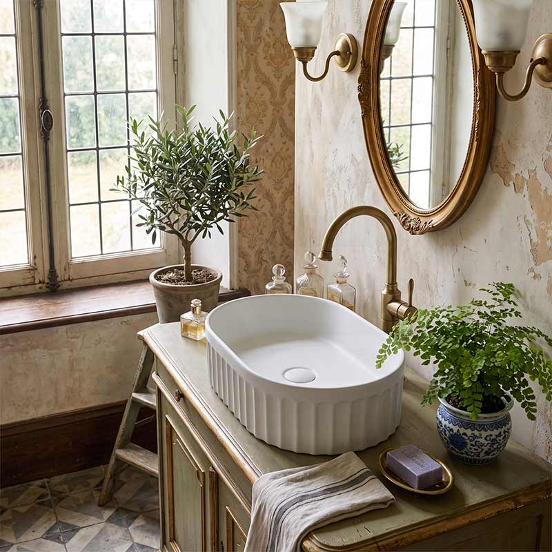 Infinity Oval Fluted Ceramic Above Counter Basin 555x355x150mm - Variant Colour