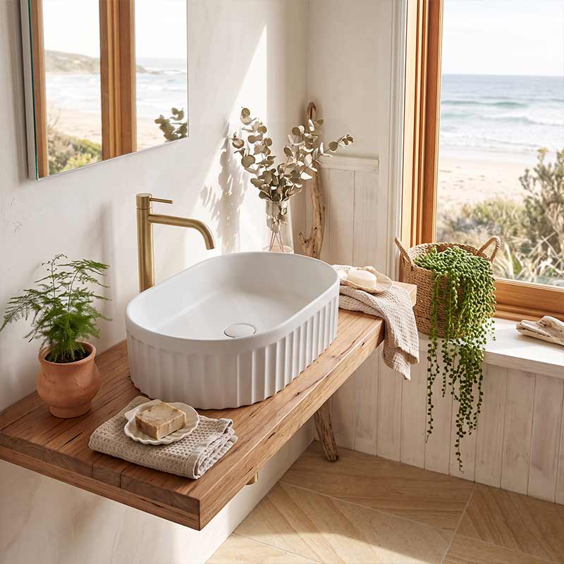 Infinity Oval Fluted Ceramic Above Counter Basin 555x355x150mm - Variant Colour