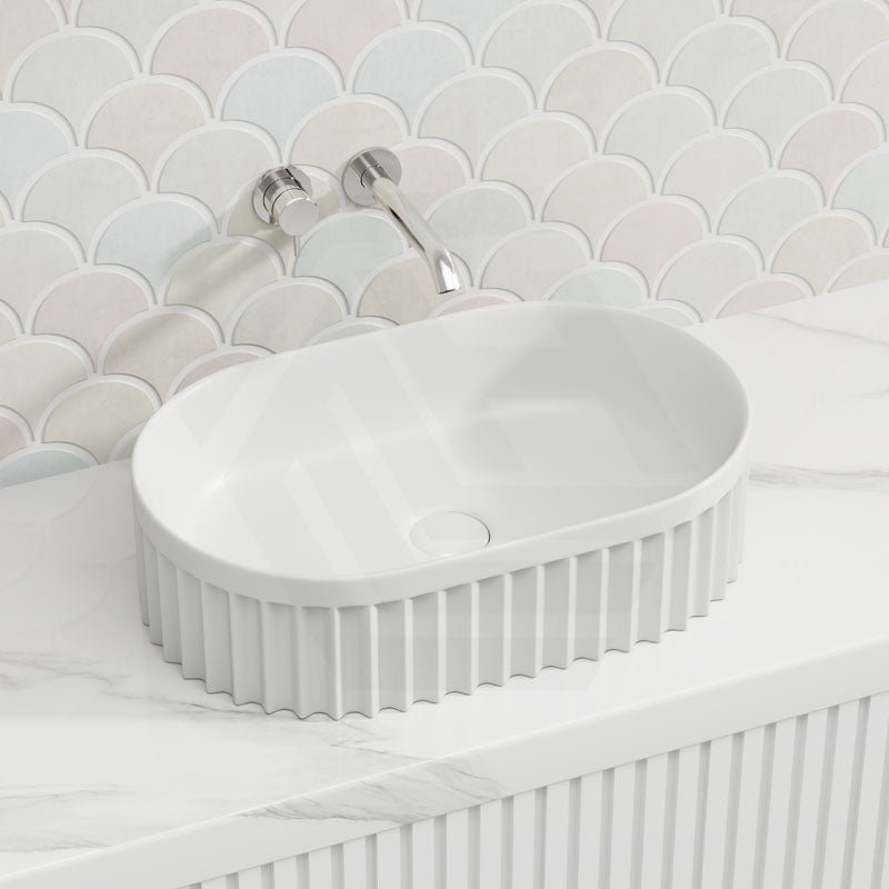555x355x150mm Infinity Oval Fluted Ceramic Above Counter Basin Matt White