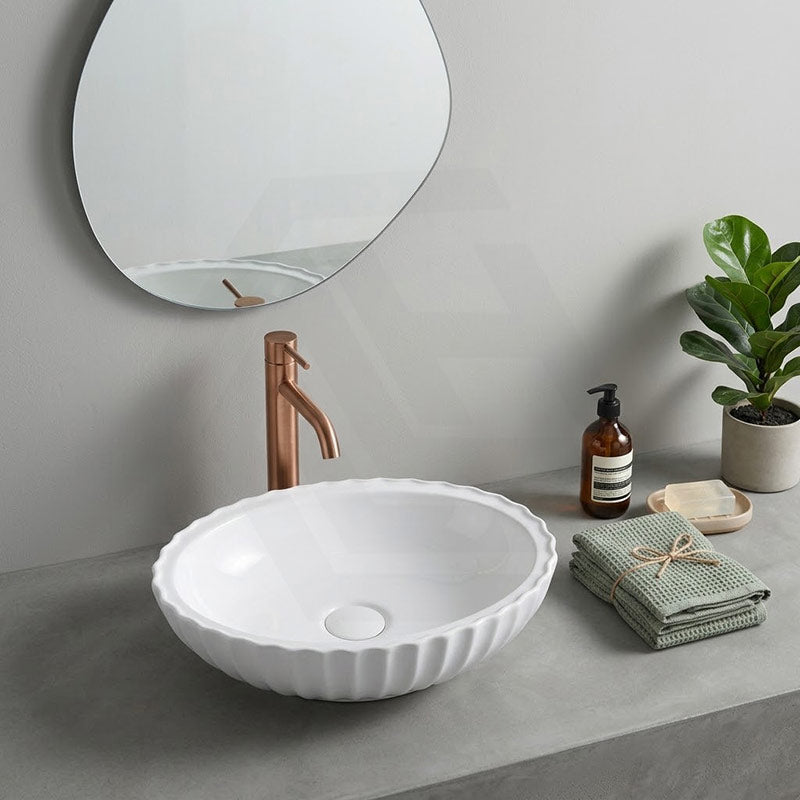 Infinity Oval Ceramic Fluted Above Counter Basin 480x330x130mm - Gloss White
