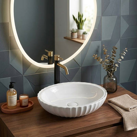 Infinity Oval Ceramic Fluted Above Counter Basin 480x330x130mm - Gloss White