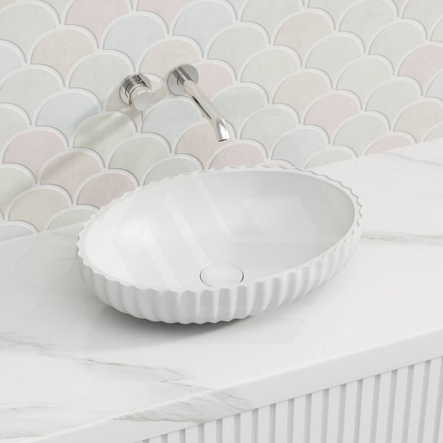 480x330x130mm Infinity Oval Ceramic Fluted Above Counter Basin Gloss White