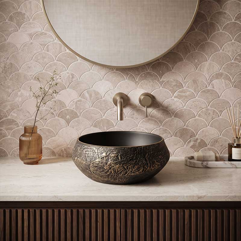 Infinity Round Ceramic Above Counter Basin 400x400x165mm - Internal Matt Black and External Copper Gold