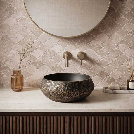 Infinity Round Ceramic Above Counter Basin 400x400x165mm - Internal Matt Black and External Copper Gold
