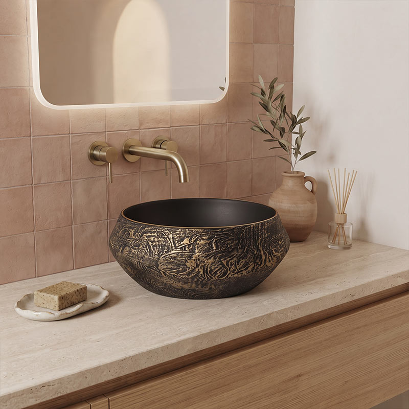 Infinity Round Ceramic Above Counter Basin 400x400x165mm - Internal Matt Black and External Copper Gold