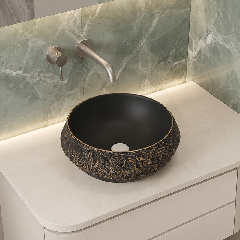 Infinity Round Ceramic Above Counter Basin 400x400x165mm - Internal Matt Black and External Copper Gold