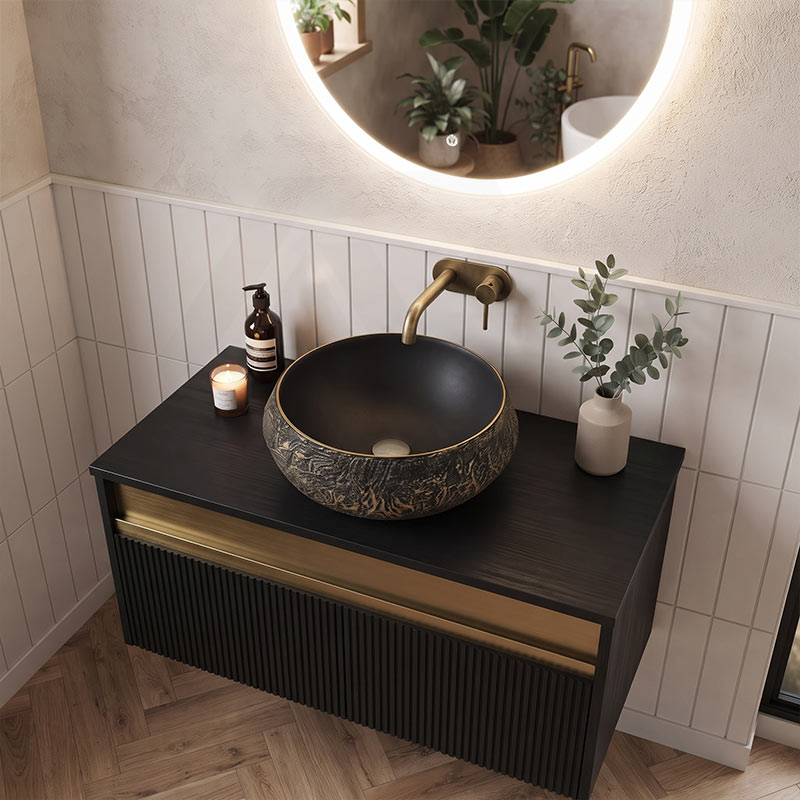Infinity Round Ceramic Above Counter Basin 400x400x165mm - Internal Matt Black and External Copper Gold