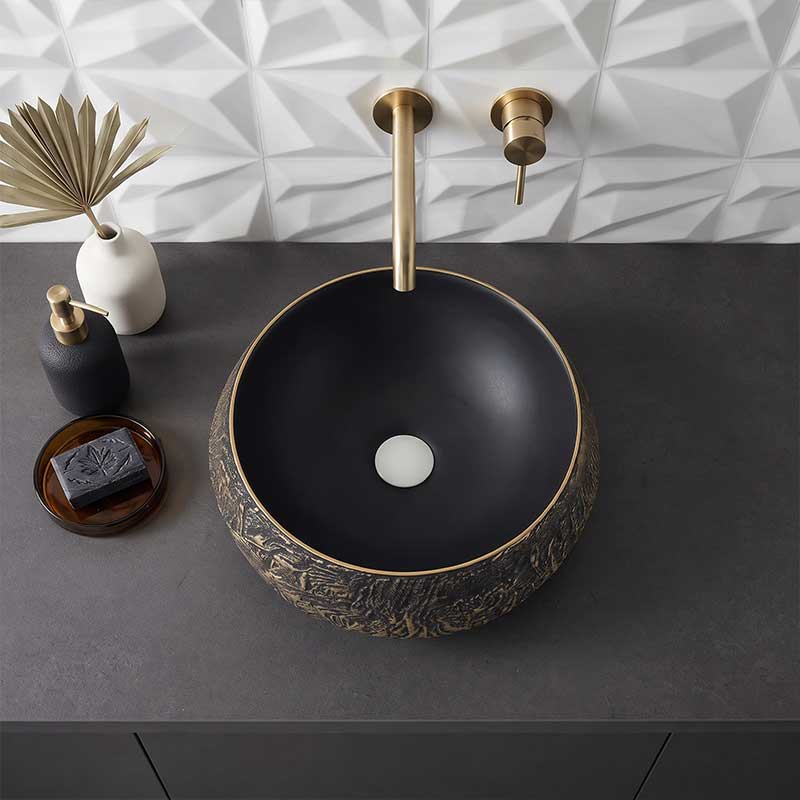 Infinity Round Ceramic Above Counter Basin 400x400x165mm - Internal Matt Black and External Copper Gold