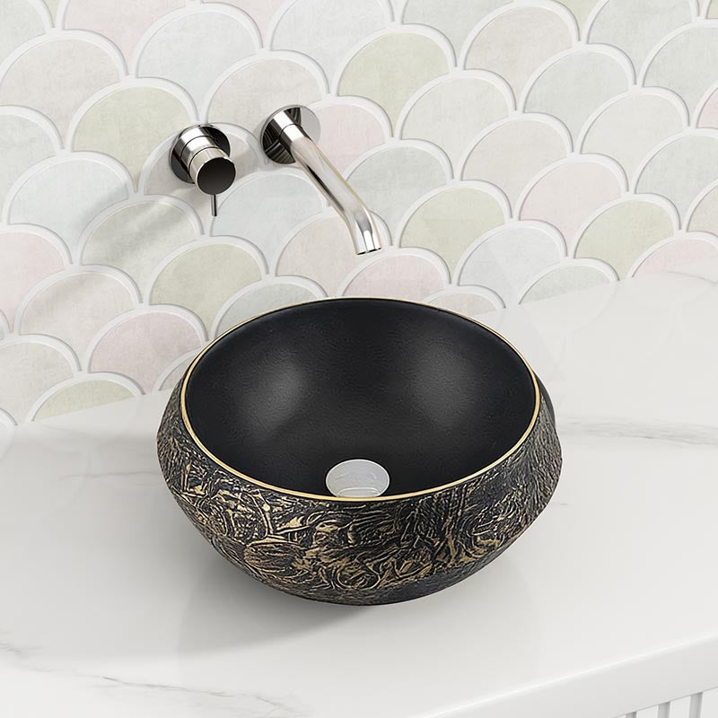 400x400x165mm Infinity Round Ceramic Above Counter Basin Internal Matt Black and External Cooper Gold