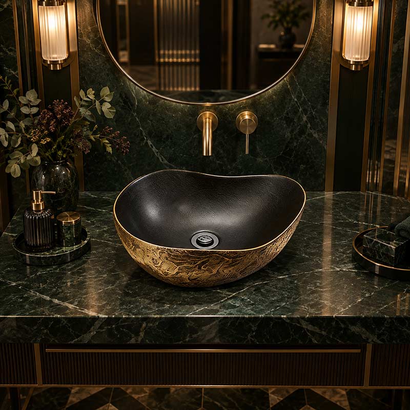 Infinity Special Shape Ceramic Above Counter Basin Internal 500x400x180mm - Matt Black and External Copper Gold