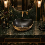 Infinity Special Shape Ceramic Above Counter Basin Internal 500x400x180mm - Matt Black and External Copper Gold