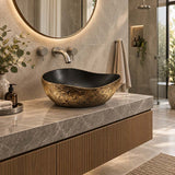 Infinity Special Shape Ceramic Above Counter Basin Internal 500x400x180mm - Matt Black and External Copper Gold