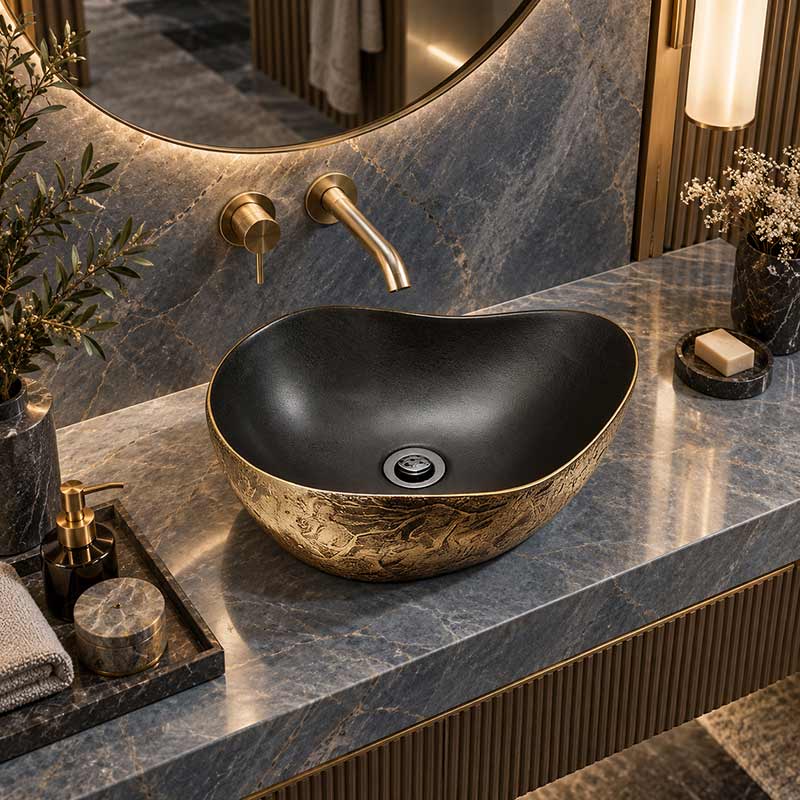 Infinity Special Shape Ceramic Above Counter Basin Internal 500x400x180mm - Matt Black and External Copper Gold