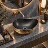 Infinity Special Shape Ceramic Above Counter Basin Internal 500x400x180mm - Matt Black and External Copper Gold