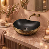 Infinity Special Shape Ceramic Above Counter Basin Internal 500x400x180mm - Matt Black and External Copper Gold