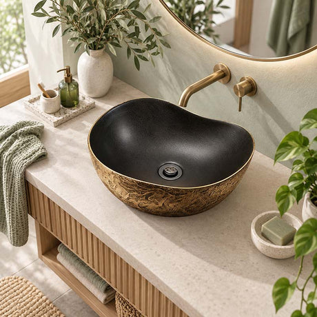 Infinity Special Shape Ceramic Above Counter Basin Internal 500x400x180mm - Matt Black and External Copper Gold