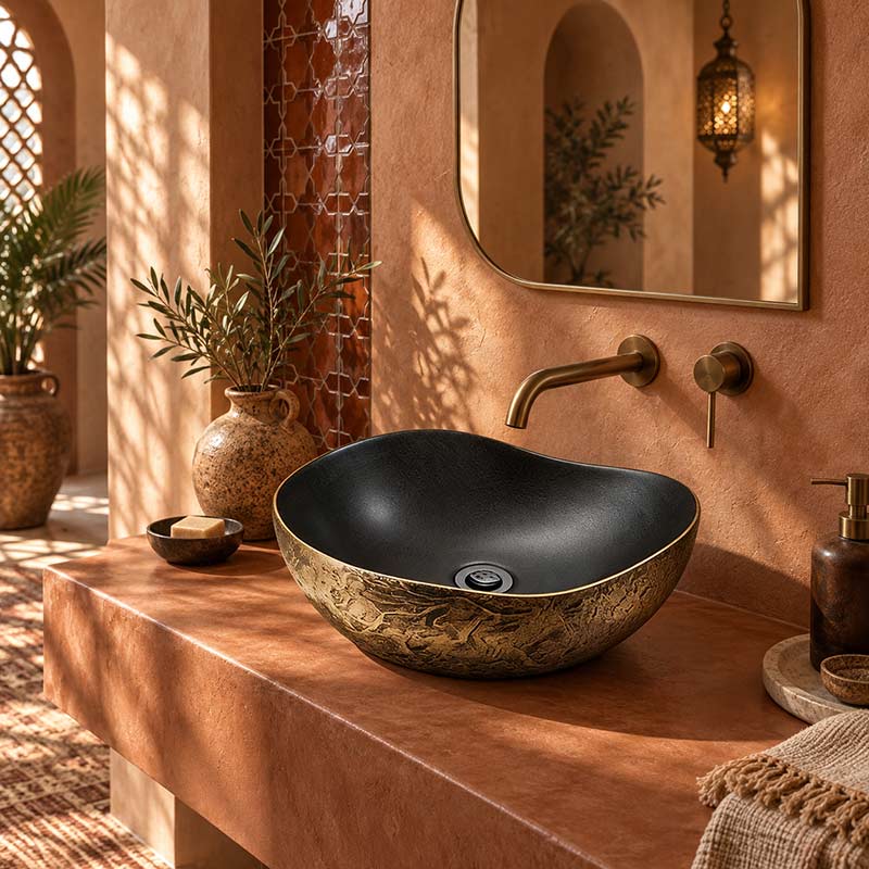Infinity Special Shape Ceramic Above Counter Basin Internal 500x400x180mm - Matt Black and External Copper Gold
