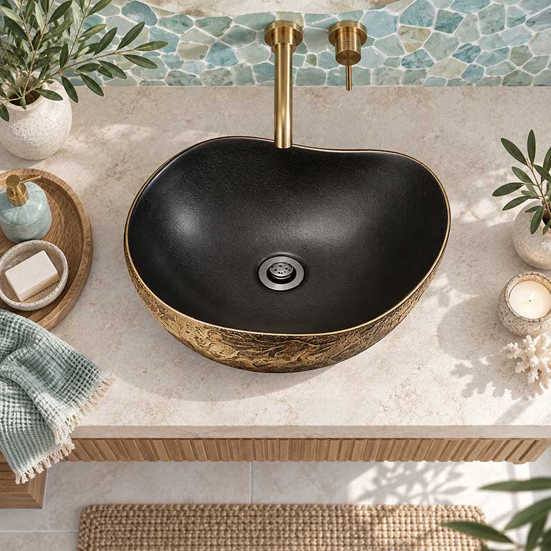 Infinity Special Shape Ceramic Above Counter Basin Internal 500x400x180mm - Matt Black and External Copper Gold