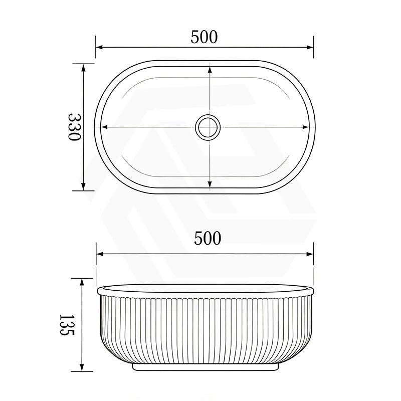 Infinity Fluted Oval Above Counter Ceramic Basin 500x330x135mm - In Various Colour