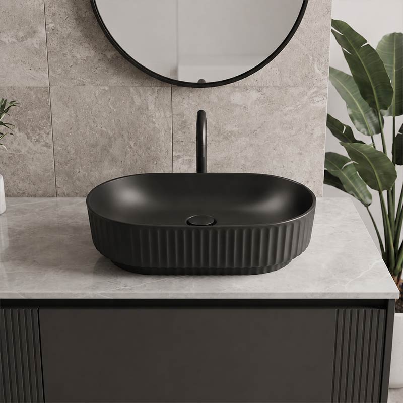 Infinity Fluted Oval Above Counter Ceramic Basin 500x330x135mm - In Various Colour