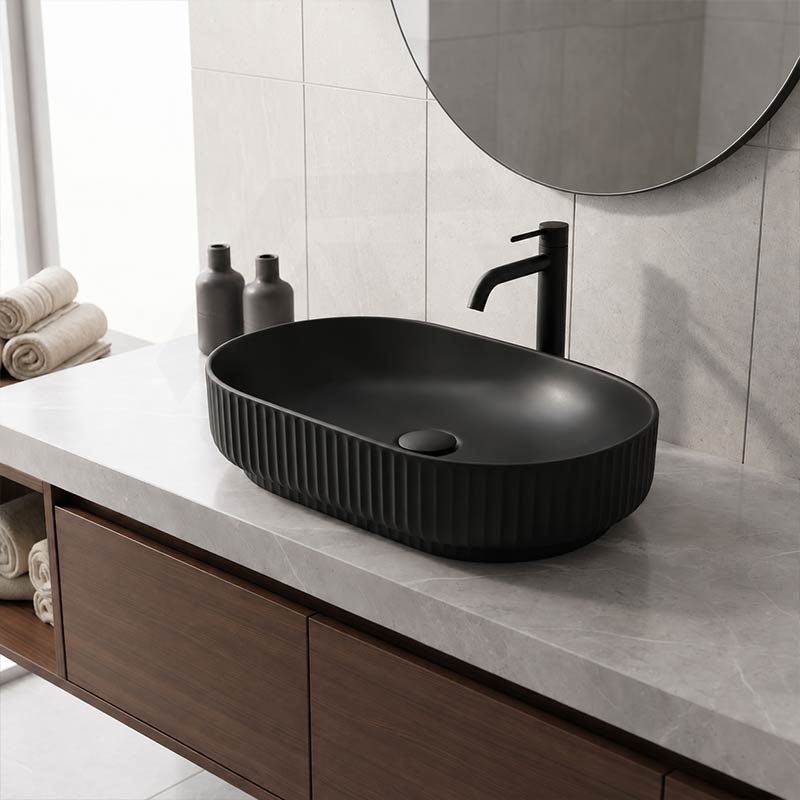 Infinity Fluted Oval Above Counter Ceramic Basin 500x330x135mm - In Various Colour