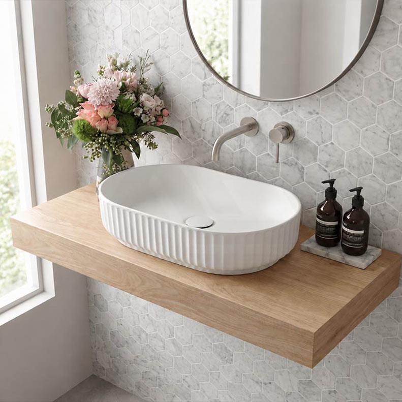 Infinity Fluted Oval Above Counter Ceramic Basin 500x330x135mm - In Various Colour