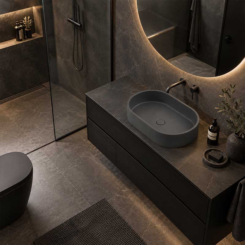 Infinity Oval Concrete Above Counter Basin NO Overflow Pop-up Waste Included 580x365x120mm - Matte Grey