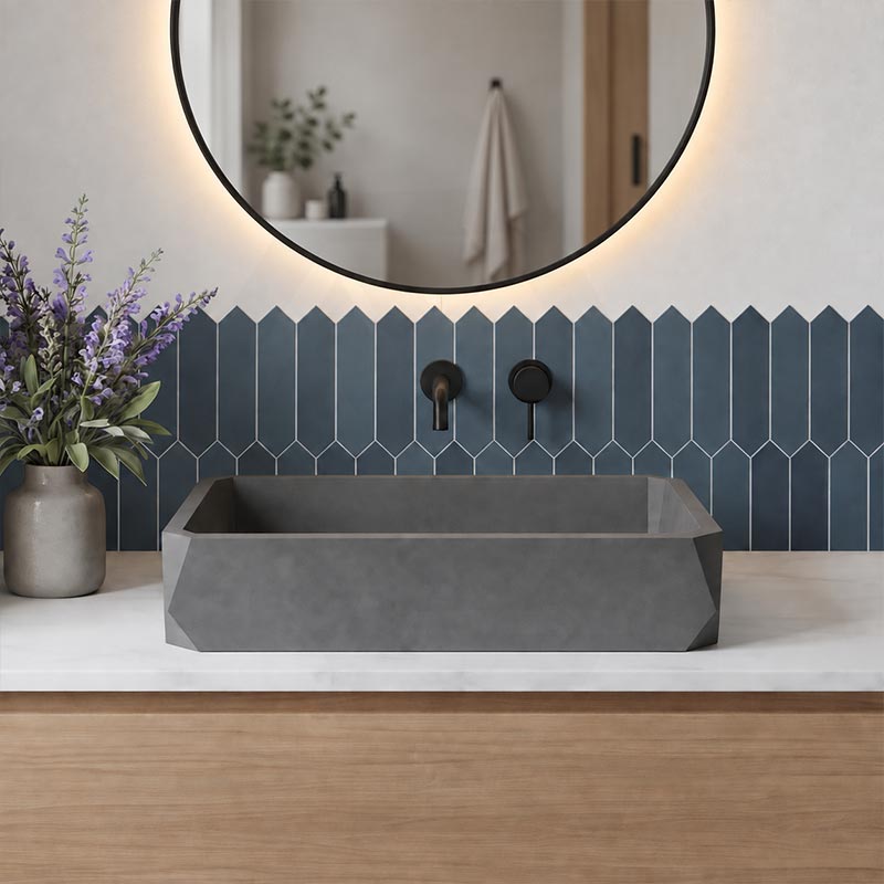 Rectangular Above Counter Concrete Basin Pop-up Waste Included 500x350x120mm - Matte Grey