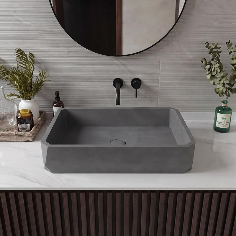 Rectangular Above Counter Concrete Basin Pop-up Waste Included 500x350x120mm - Matte Grey