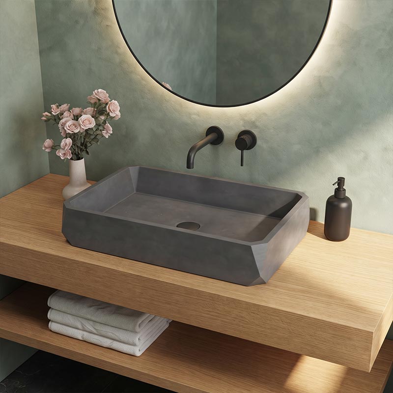 Rectangular Above Counter Concrete Basin Pop-up Waste Included 500x350x120mm - Matte Grey