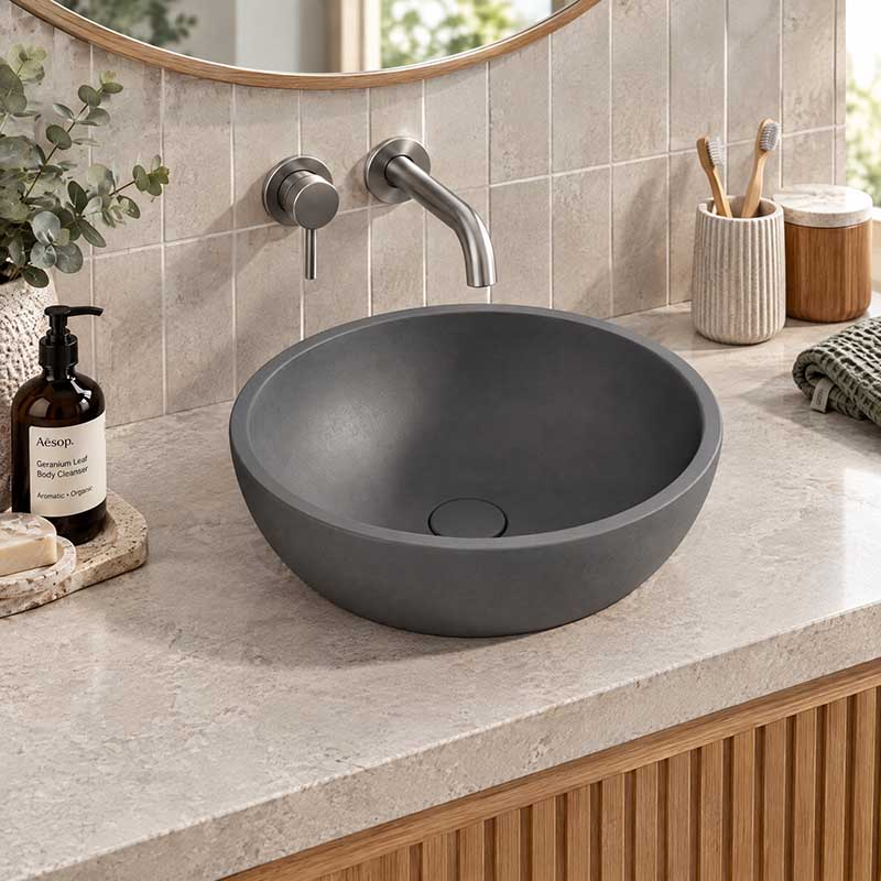 Round Above Counter Concrete Basin Waste Included 360mm - Matte Grey