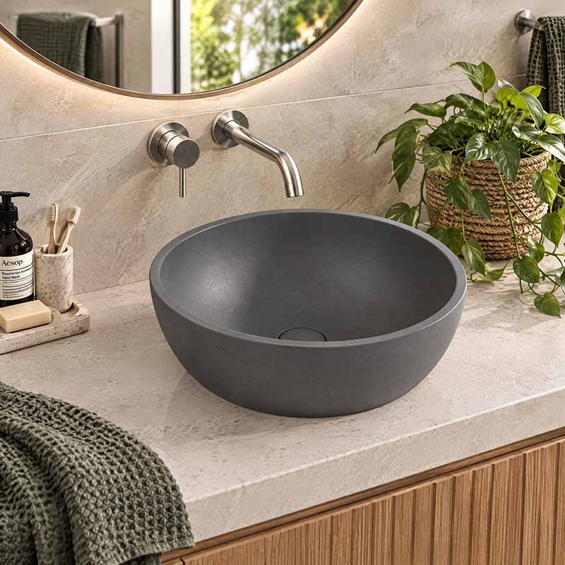 Round Above Counter Concrete Basin Waste Included 360mm - Matte Grey
