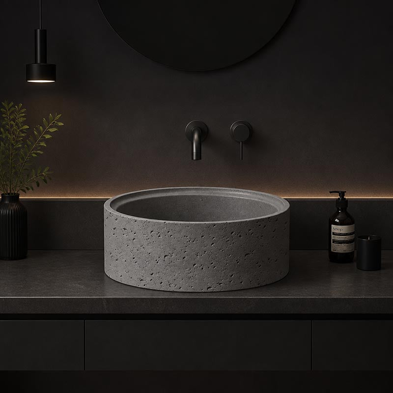 Round Above Counter Concrete Basin Waste Included 390x390x150mm - Matte Grey