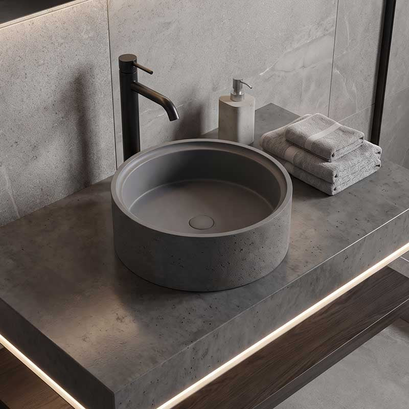 Round Above Counter Concrete Basin Waste Included 390x390x150mm - Matte Grey