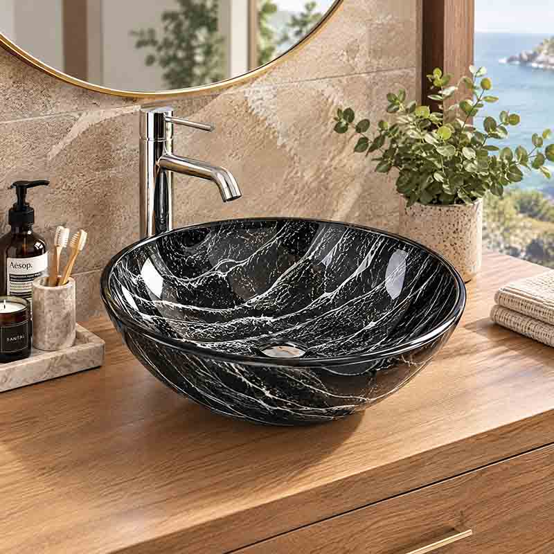 Above Counter Tempered Glass Art Basin Round Bathroom Antique Vintage Wash Basin 420x420x145mm